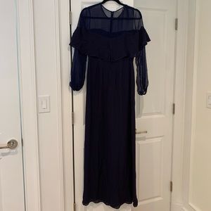 Navy long gown with sheer long sleeve detail